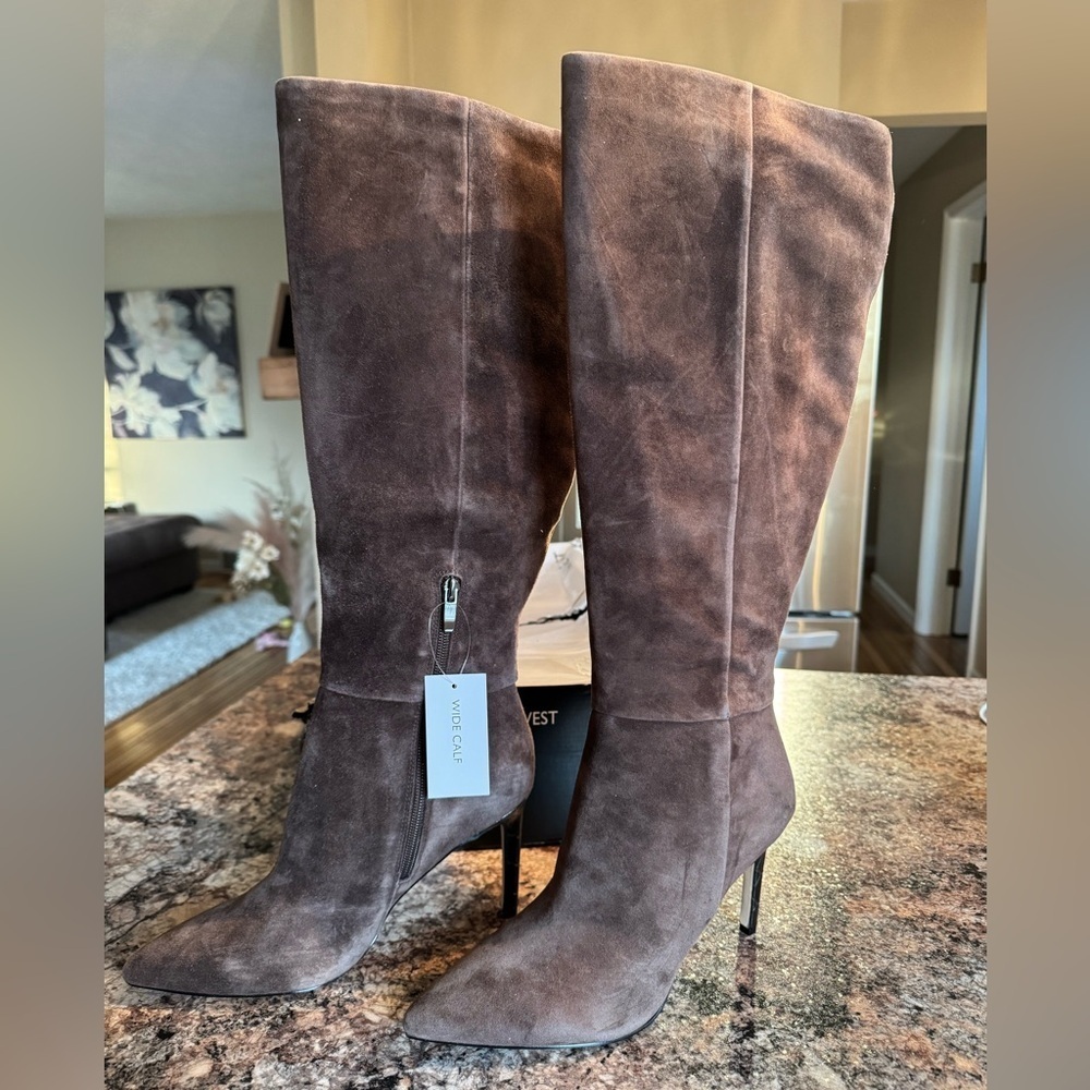 Nine West Taupe Suede Knee-High Heeled Boots - Picture 3 of 6